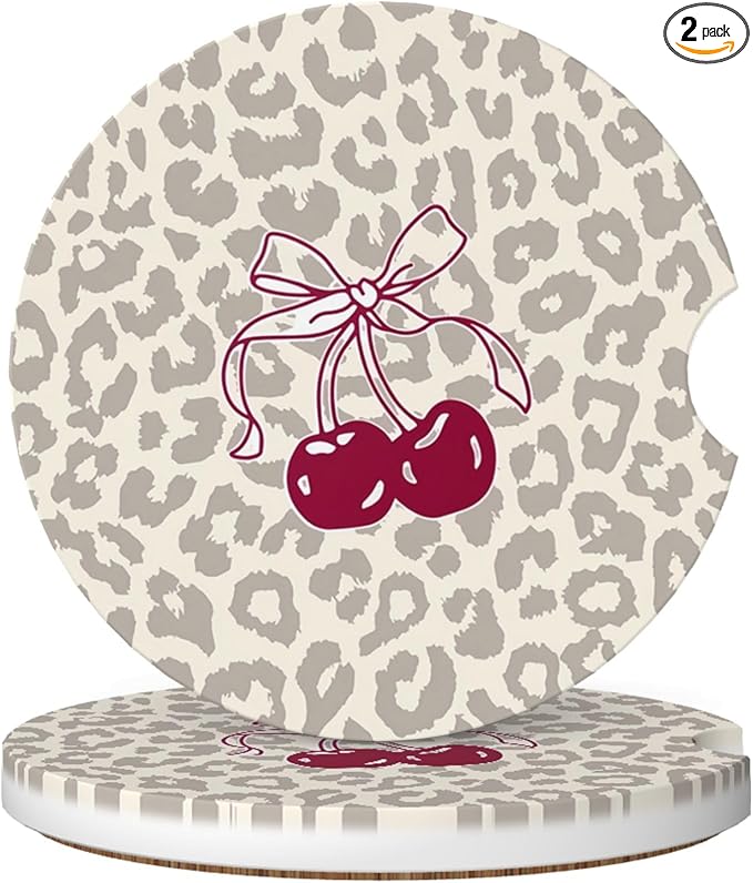 Absorbent Car Coasters for Cup Holders, 2 Pack Universal Anti Slip Ceramic Cup Coaster for Women Men 2.56 Inch Car Interior Accessories - Bow Tie Cherry Leopard 008