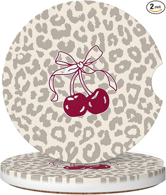 Absorbent Car Coasters for Cup Holders, 2 Pack Universal Anti Slip Ceramic Cup Coaster for Women Men 2.56 Inch Car Interior Accessories - Bow Tie Cherry Leopard 008