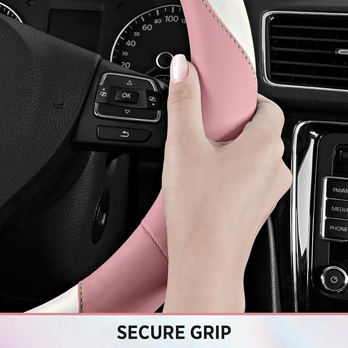 Road Comforts Steering Wheel Cover – Breathable Leather Steering Wheel Cover, Anti-Slip Grip, Universal Fit 14.5” to 15”, Heat & Cold Resistant for Cars, SUVs, and Trucks –Shining White & Pink