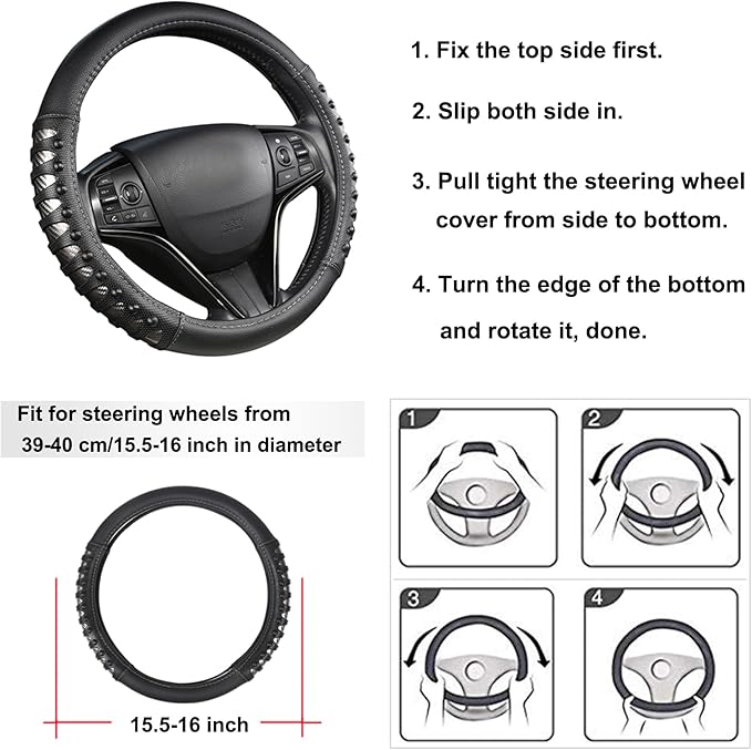 West Llama Microfiber Leather Car Steering Wheel Cover for Men Women,Universal Fit 15.5-16 inch(Leather Nails-Gray+Black-Large Size)
