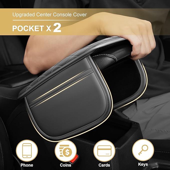 Car Armrest Cover Fit for Acura RDX Leather Center Console Cover Cushion with 2 Storage Bags(Beige)