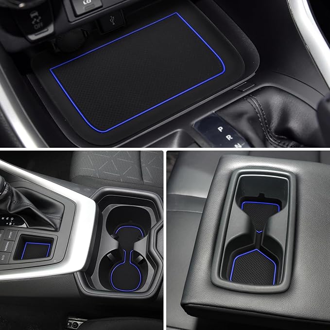 Auovo 3D Cup Holder Insert Liners Compatible with Toyota RAV4 Accessories 2025 2024 2023 2022 2021 2020 2019 Car Custom Cup Holder Mats Pads 4-pc Set (Dark Blue Trim)