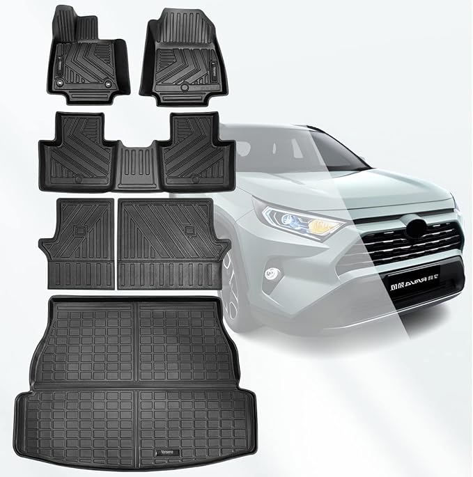 Vanseno Floor Mat & Cargo Liner & Backrest Mat Compatible for 2019 2021 2022 2023 2024 2025 Toyota Rav4 Floor Mats Trunk Liners Back Seat Cover Mat All-Weather Full Set Protector