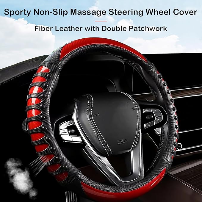 3D Massage Red Carbon Fiber Leather Steering Wheel Cover, 14.5-15 Inch Non-Slip Breathable Microfiber Car Steering Wheel Protector