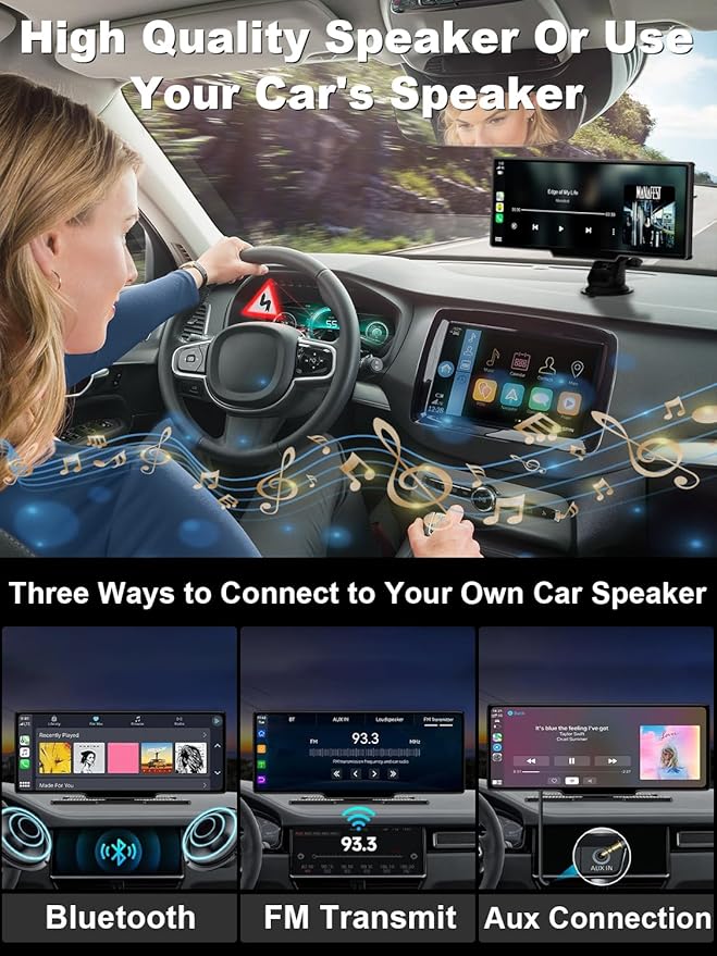KLZHP001 Carplay Screen for Car, 10.26'' HD IPS Apple Carplay & Android Auto Screen, 4K Dash Cam, 1080P Rear Camera, Wireless Car Play Screen, Car Audio Receivers,GPS Navigation,Mirror Link,FM,Siri