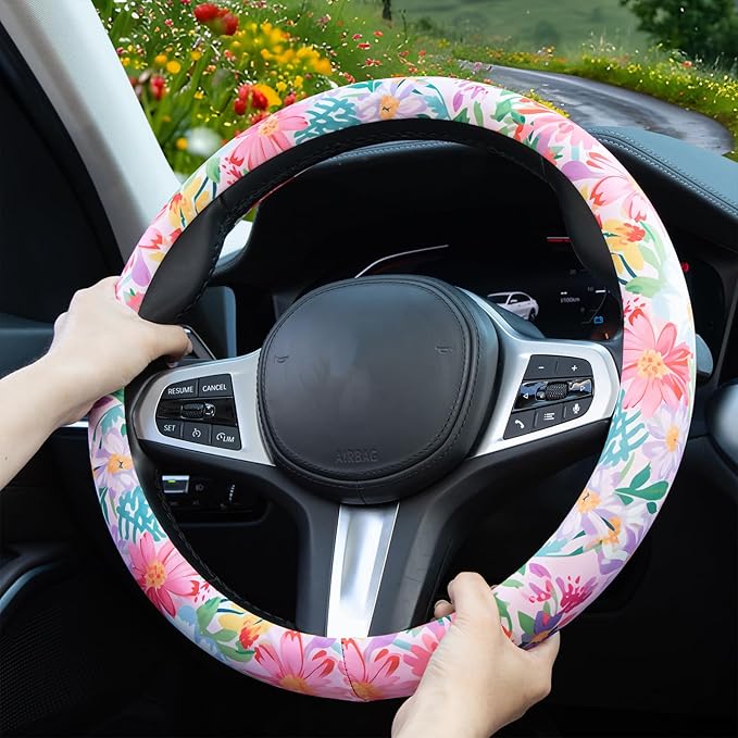 60s Multicolored Ditsy Vintage Flowers Steering Wheel Cover Auto Steering Wheel Protector, Anti-Slip, Breathable, Absorbing Sweat, Universal Car Accessories 14.5–15 inch,Fit for Most Car, Trucks, SUV