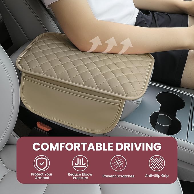 Upgraded Car Middle Center Console Cover,Microfiber Leather Car Armrest Cover Cushion with 2 Storage Bags,Universal Car Armrest Storage Box Car Interior Accessories for Most Vehicles (Beige)