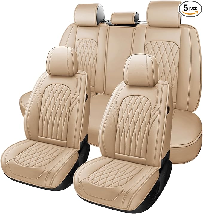 WELLDO Car Seat Covers Full Set, Leather Seat Covers for Cars, Car Seat Protector Waterproof, Non-Slip Car Interior Covers Full Set Universal Automotive Seat Covers for Most Cars SUVs, Beige