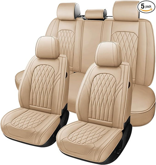 WELLDO Car Seat Covers Full Set, Leather Seat Covers for Cars, Car Seat Protector Waterproof, Non-Slip Car Interior Covers Full Set Universal Automotive Seat Covers for Most Cars SUVs, Beige