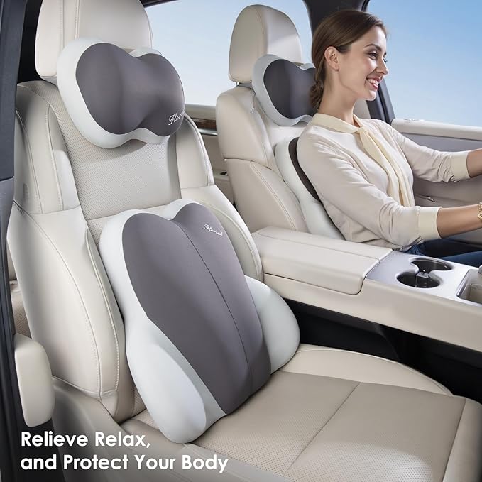 FLORICH Lumbar Support with Car headrest Back Pillow for Chairs Headrest Pillow for Car Ergonomic Ultrathick Memory Foam Back Pillow for Office Chair (Beige Grey)