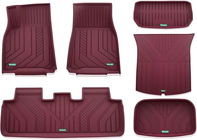 YHTAUTO Custom Fit Red Car Floor Mats for Tesla Model Y 2025-2020 5 Seater, All Weather TPE Car Mats Carpet, Front Rear Trunk Cargo Storage Liner Mats, Anti-Slip Waterproof, Set of 6