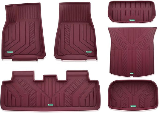 YHTAUTO Custom Fit Red Car Floor Mats for Tesla Model Y 2025-2020 5 Seater, All Weather TPE Car Mats Carpet, Front Rear Trunk Cargo Storage Liner Mats, Anti-Slip Waterproof, Set of 6
