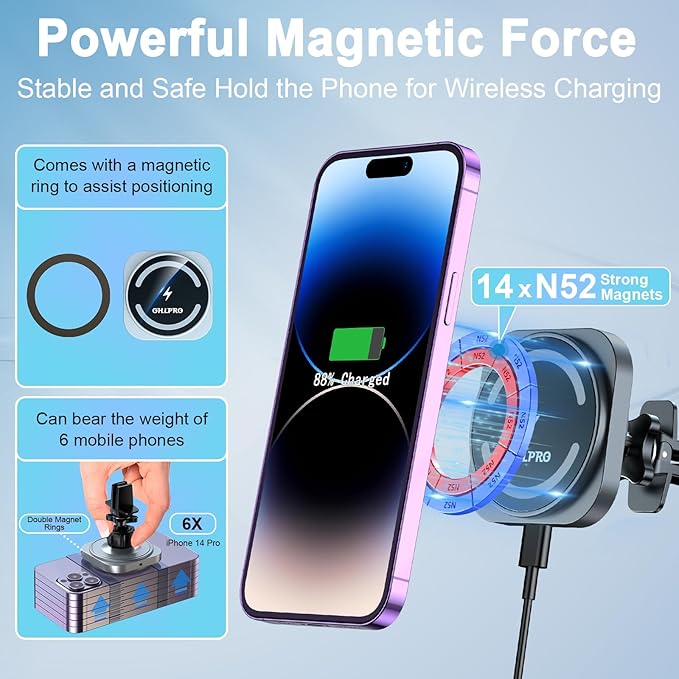 OHLPRO Dashboard Magnetic Phone Holder for iPhone MagSafe Car Mount Charger, Windshield Suction Wireless Car Charger, Car Vent Charging Stand for iPhone 17 16 15 14 13 Pro Max Mini