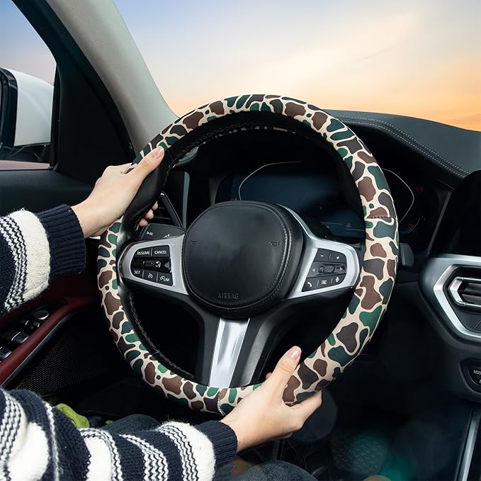 Army Camo Steering Wheel Cover Auto Steering Wheel Protector, Anti-Slip, Breathable, Absorbing Sweat, Universal Camo Car Accessories 14.5–15 inch,Fit for Most Car, Trucks, SUV