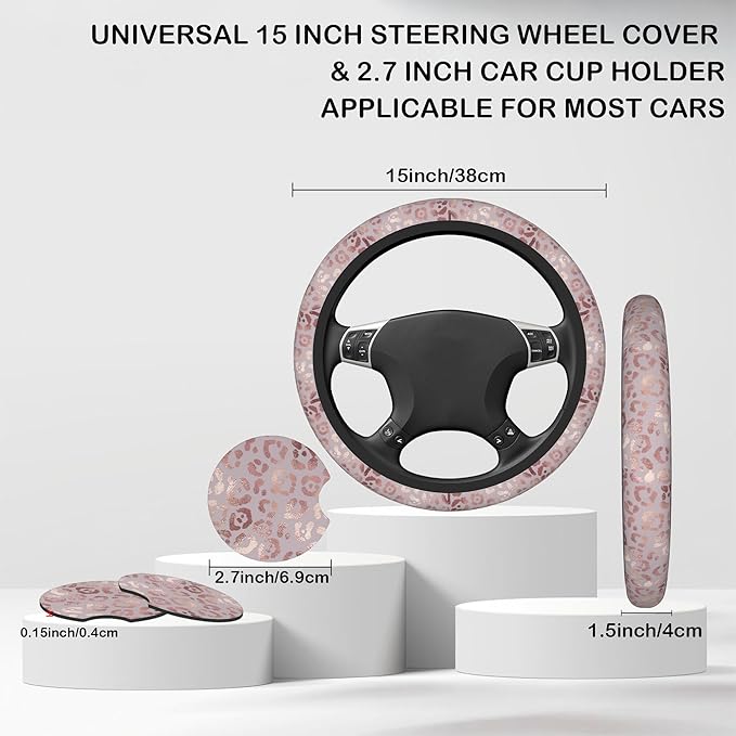 Rose Gold Leopard Print Steering Wheel Cover with 2 Pcs Car Coasters Neoprene Steering Wheel Cover for Women Men Anti-Slip Breathable Car Accessories Universal 15 Inch Fit Auto Cars Trucks