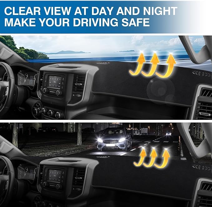 KUST Car Dash Cover for Dodge RAM 1500 2500 3500 2019-2024 2025 2026 Non-Slip Interior for Dodge RAM Accessories Dashboard Cover Custom Fit Dash Mat Sunshade Windshield Glare Black