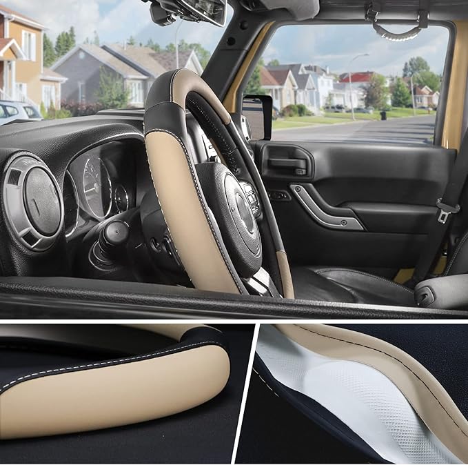 SEG Direct Car Steering Wheel Cover Large-Size for F150 F250 F350 Ram 4Runner Tacoma Tundra Range Rover with 15 1/2 inches-16 inches Outer Diameter, Black and Beige Microfiber Leather
