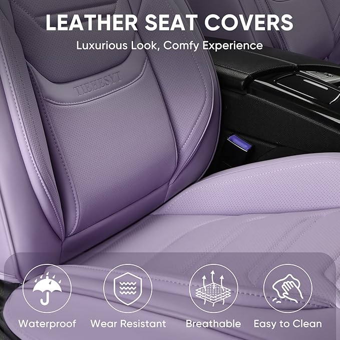 Leather Car Seat Covers Full Set with Lumbar Support, Waterproof Car Seat Cover, Universal Seat Covers for Cars, Trucks, SUVs, Sedans, Airbag Compatible, Front Pair and Rear, Purple