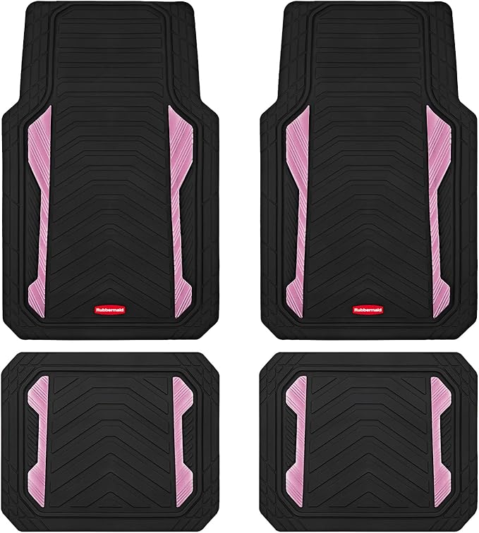 Rubbermaid Car Floor Mat, Heavy Duty All-Weather Car Mats Full Set with Dual-Tone Pink Aluminum Inserts – Universal Fit, Anti-Slip Backing, Trim-to-Fit for Most SUV, Sedan, Van