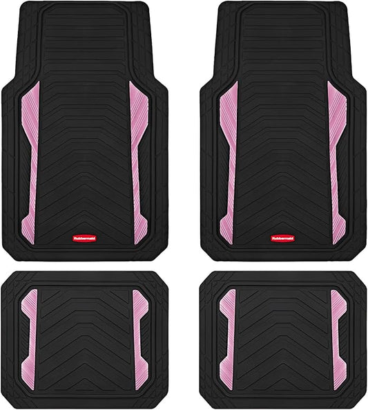Rubbermaid Car Floor Mat, Heavy Duty All-Weather Car Mats Full Set with Dual-Tone Pink Aluminum Inserts – Universal Fit, Anti-Slip Backing, Trim-to-Fit for Most SUV, Sedan, Van