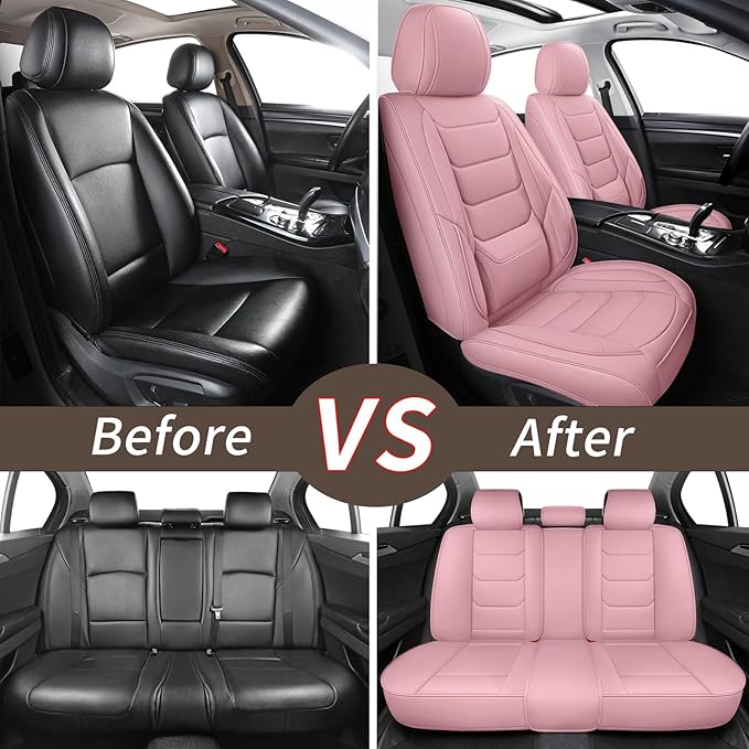 Leather Car Seat Covers Full Set Breathable Automotive Seat Covers Waterproof Seat Protectors Universal Fit for Most Automotive Cars SUV Trucks(Pink, Full Set)