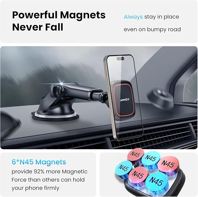 APPS2Car Magnetic Phone Mount for Car, Dashboard & Windshield Suction Cup Holder with Telescopic Arm, Requires Metal Plate (Included), Universal Fit for iPhone & Android Smartphones
