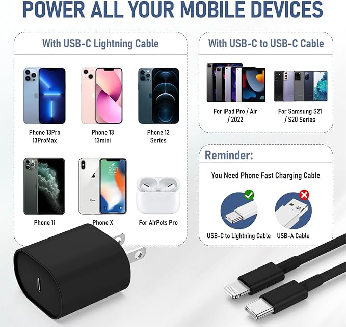 i Phone Charger Fast Charging 10 FT, 3-Pack 20W PD USB C Charger Block with i Phone 14 13 Charger Cable 10 Foot, Compatible with iPhone 14 Pro 13Pro Max 12 11Pro Mini - Black