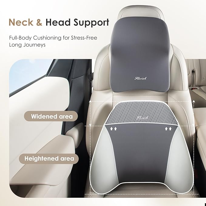FLORICH Lumbar Support and Car Neck Pillow, Back Support and Headrest Pillow for Car Seat Driver, Memory Foam Back Neck Support Pillow and Car Seat Lumbar Support for Car Office Chair - Grey