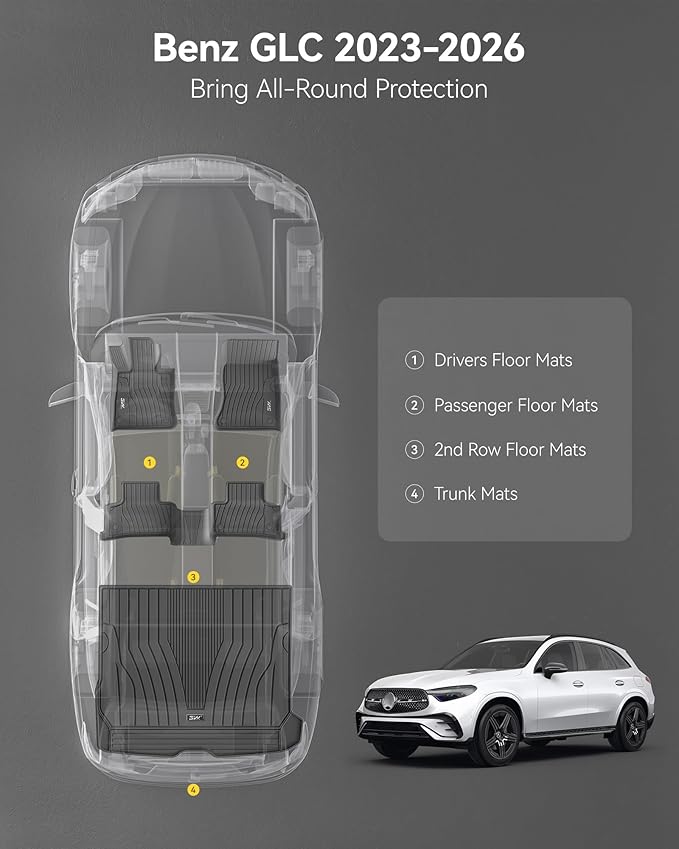 3W Floor Mats and Cargo Liner Compatible for Mercedes Benz GLC (Not Fit Coupe) 2023 2024 2025 2026, TPE All Weather for GLC300/GLC300e/GLC43 AMG Floor Liner and Cargo Mats