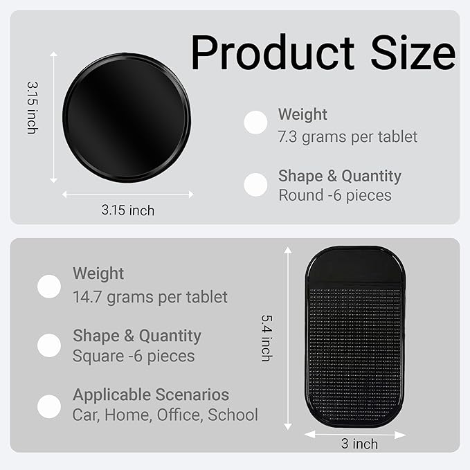 12-Pack Anti-Slip Dashboard Mats for Car - 6 Rectangular & 6 Circular Rubber Pads for Phones, Sunglasses, Keys - Heat Resistant & Reusable Car Grip Mat (Black)