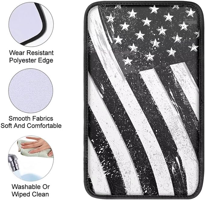 Auto Center Console Pad,Soft Waterproof Car Center Console Cover Auto Armrest Seat Box Cover Protector for Most Vehicle SUV Truck Car, Black White American Flag