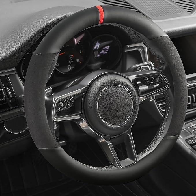 Suede Steering Wheel Cover with Upgraded Silicone Inner Ring, Anti Heat, Breathable, Anti-Slip, Leather Universal 14.5 to 15 inch Steering Wheel Cover (Partial Genuine Leather)