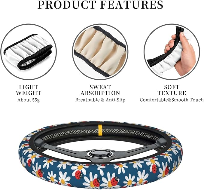 Dujiea Daisies with Ladybugs Elastic Stretch Steering Wheel Cover, Anti-Slip and Durable Car Steering Wheel Accessories for Women Men, 15 Inch Universal Fit Car, Truck, SUV