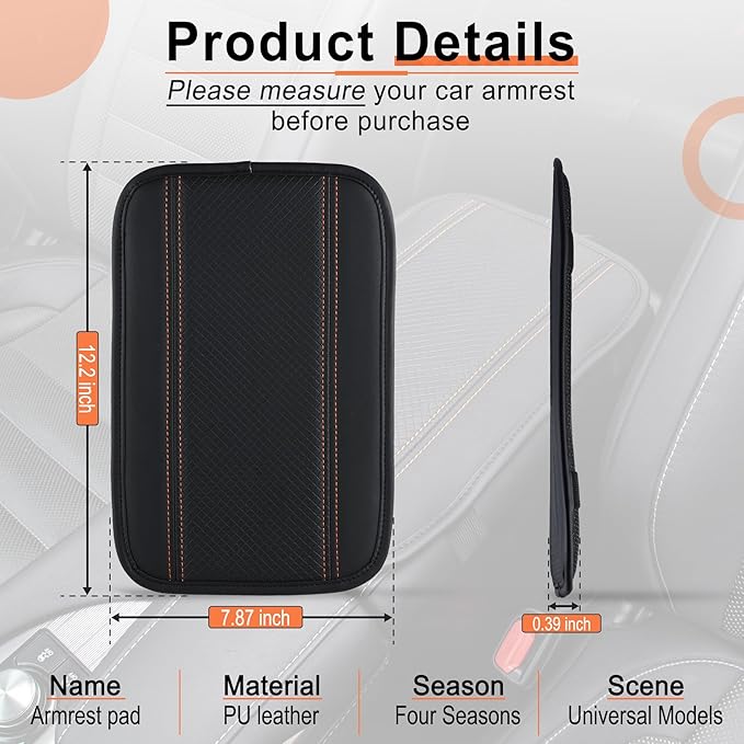 Amiss Car Center Console Pad, Universal Waterproof Car Armrest Seat Box Cover, PU Leather Auto Armrest Cover Protector，Vehicle Interior Accessories fits SUV/Truck/Car (Black-Orange)