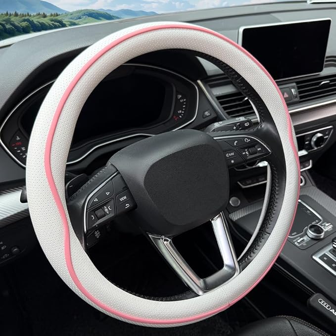 Leather Steering Wheel Cover， with Anti-Slip Stripe Design - Enhanced Grip, Fashion Style, Safe, Non-Slip, Breathable. Upgrade car Interior，White Pink