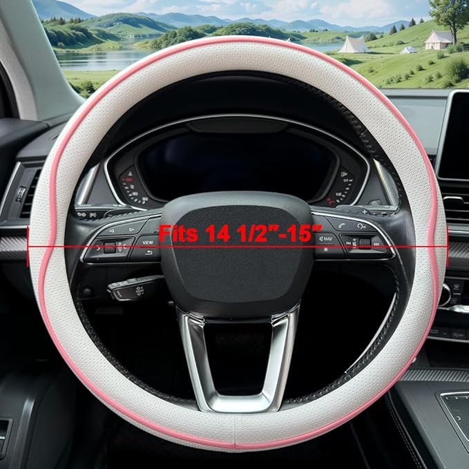 Leather Steering Wheel Cover， with Anti-Slip Stripe Design - Enhanced Grip, Fashion Style, Safe, Non-Slip, Breathable. Upgrade car Interior，White Pink