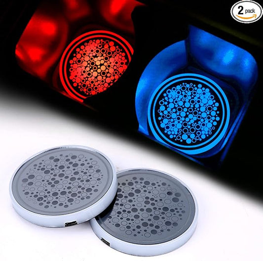 ACODABLEM 2 Pack LED Cup Holder Lights, Car Coaster with 7 Colors Changing USB Charging Mat, Luminescent Cup Pad Interior Atmosphere Lamp Decoration Light
