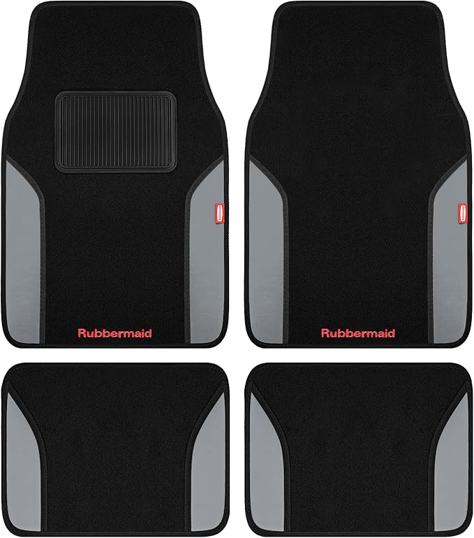 Rubbermaid Car Mats, Carpeted Floor Car Mat with Faux Leather & Built-in Heel Pad, Two-Tone Car Rug Floor Mats, Stylish Carpeted Floor Mats for Cars, Trucks & SUVs Gray Color