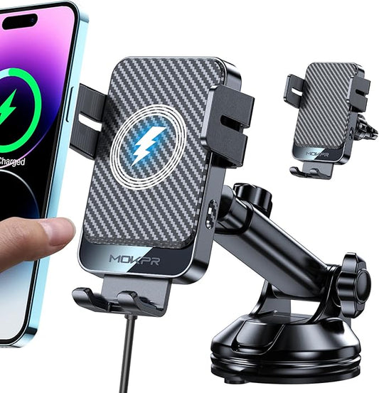 Wireless Car Charger, MOKPR 15W Fast Charging Auto-Clamping Car Mount Universal Hands-Free Car Charger Mount for Dash Windshield Air Vent Compatible with iPhone 16 15/14/13/12, Samsung S23/S22/S21,etc