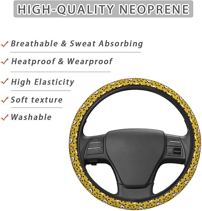 Dujiea Cats Sunflower Elastic Stretch Steering Wheel Cover, Anti-Slip and Durable Car Steering Wheel Accessories for Women Men, 15 Inch Universal Fit Car, Truck, SUV
