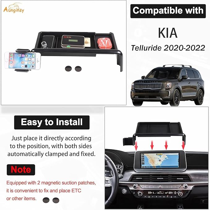 Aunginsy Center Console Dash Storage Tray with Phone Holder Compatible with Kia Telluride 2020-2022 Dashboard Storage Box Organizer Mobile Phone Mount Bracket Dash Storage Tray Interior Accessories