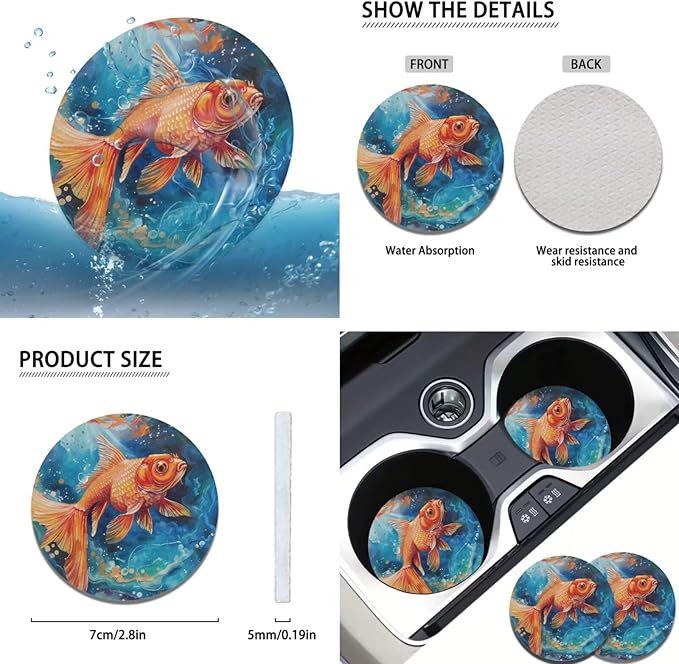 Dazzle Goldfish Print Elastic Steering Wheel Protector for Men Women Auto Interior Accessories 6 Pcs Cup Coaster Cars Handbrake Cover Fit Truck Van SUV