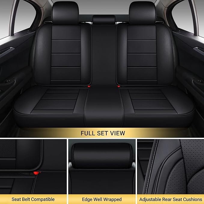 AOOG Leather Car Seat Covers with Car Backseat Organizer, Universal fit Automotive Vehicle Most Sedan SUV Pick-up Truck (Full Set, Black)