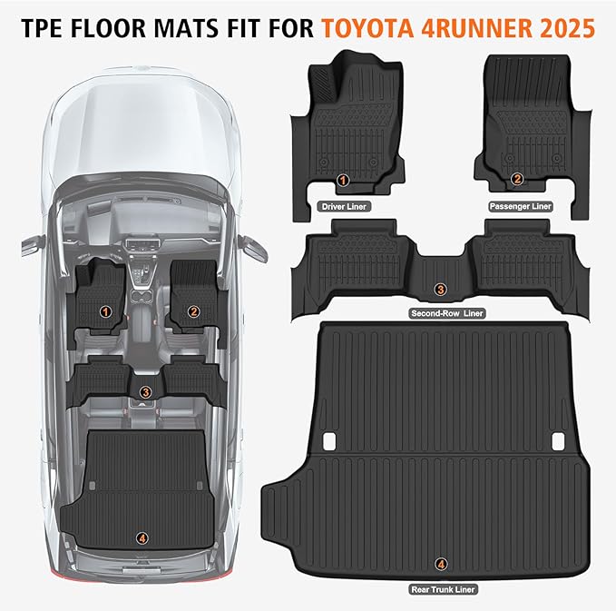 Floor mats & Trunk Mat Custom Fit for 2025 Toyota 4Runner 5 seat (Non for Hybrid/EV), All Weather Protection TPE Rubber Floor Liners Anti-Slip Waterproof Cargo Mat 2025 Toyota 4Runner Accessories