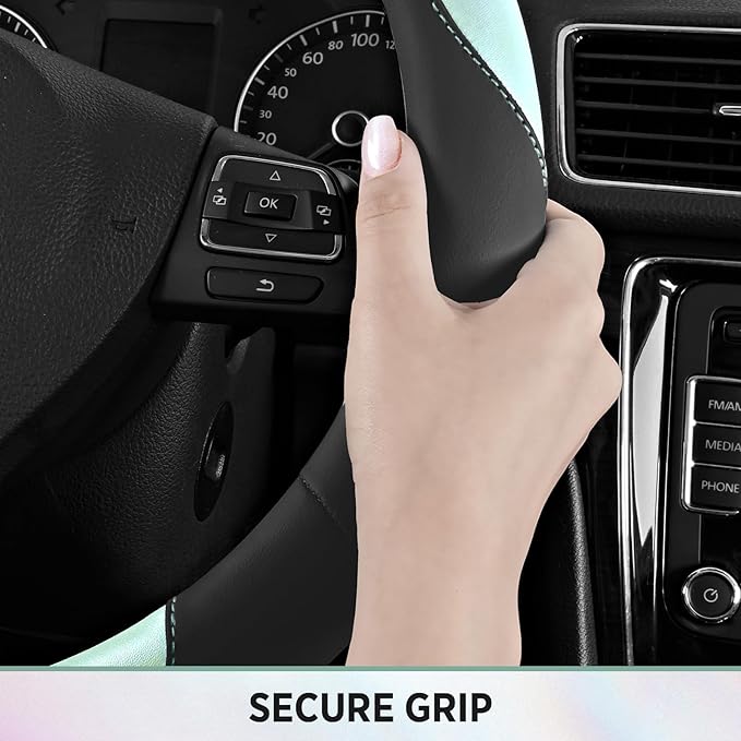 Road Comforts Steering Wheel Cover – Breathable Leather Steering Wheel Cover, Anti-Slip Grip, Universal Fit 14.5” to 15”, Heat & Cold Resistant for Cars, SUVs, and Trucks – Black & Shining Light Blue