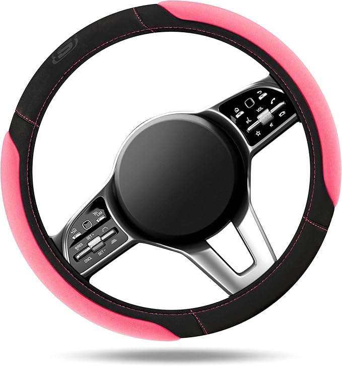 Skechers Pink Steering Wheel Cover, Memory Foam Car Steering Wheel Cover,14.5-15inch Anti-Slip Safety Comfortable Desgin, Universal Accessory for Diverse Cars, Truck,SUV (Black & Pink)
