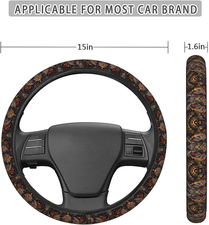 Golden Mandala Tribe Elephant Steering Wheel Covers Anti-Slip Elasticity Car Accessories Steering Wheel Protector Universal 15 Inch for Cars SUV Vehicle Truck