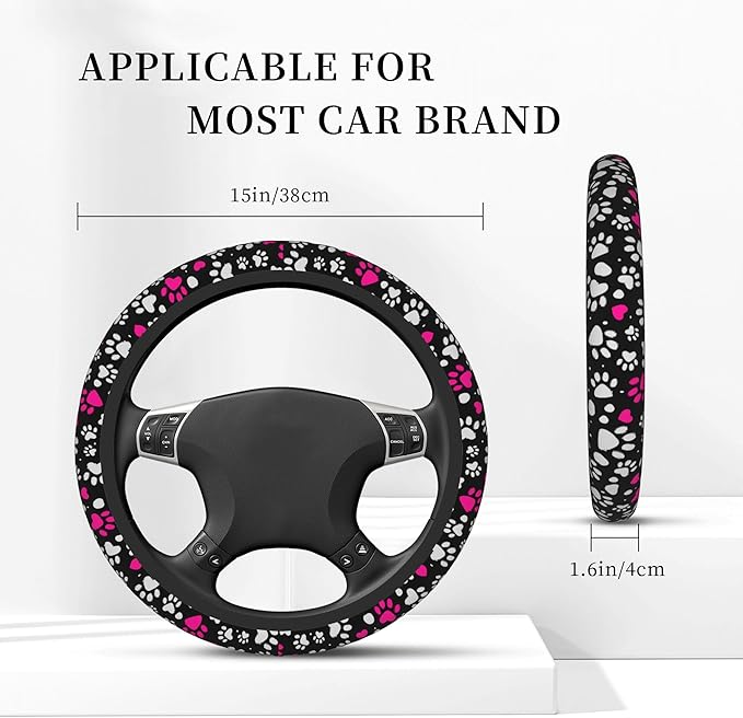 Animal Paw Print Steering Wheel Cover, Elastic Non-Slip Steering Wheel Protector,Auto Interior Decor for Women Girls,Universal 15" Fit for Sedans,Trucks