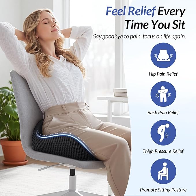 ZIKEE Pioneering Gel Seat Cushion for Sitting Without Stuffiness, Ergonomic Memory Foam Office Chair Cushion for Sciatica, Back, Tailbone Pain Relief, Anti-Slip Car Seat Cushion, Breathable Cover