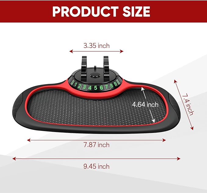 Wuyaoyao Multifunction Car Anti-Slip Mat Auto Phone Holder, PVC Car Dashboard Non-Slip Pad Phone Mount with Temporary Parking Number, Automotive Sticky Dash Pad for Phones, Keys, Gadgets (Black+Red)